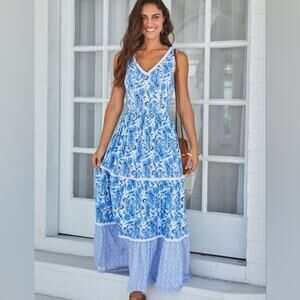 Cabana Life Blue Paisley Print Tiered Maxi Length Dress Resortwear Medium Tassle